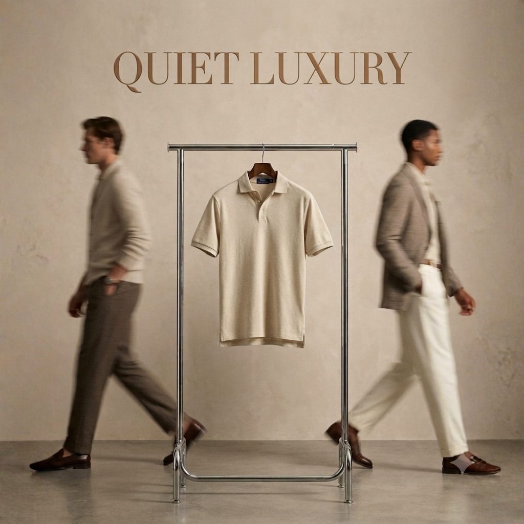 Reklamní kreativa Quiet Luxury — minimalistická pánská móda